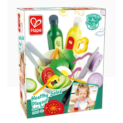 Hape Healthy Salad Playset box featuring a bowl overflowing with colorful toy vegetables, tongs, and dressing bottles