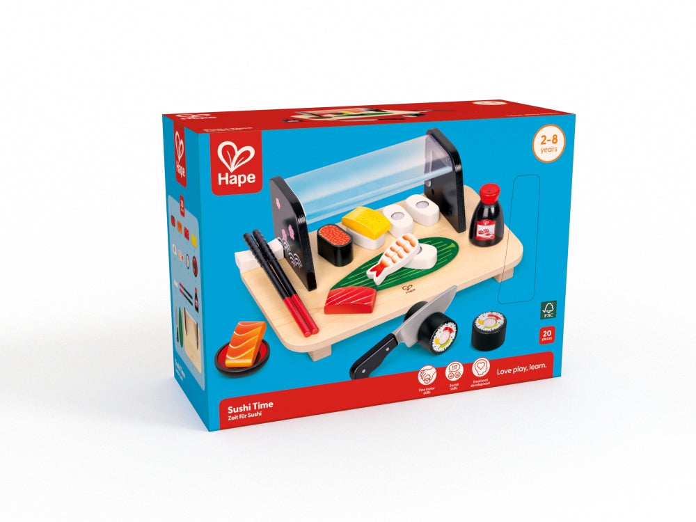Hape 'Sushi Time' wooden play food set box featuring sushi pieces, chopsticks, and a cutting knife