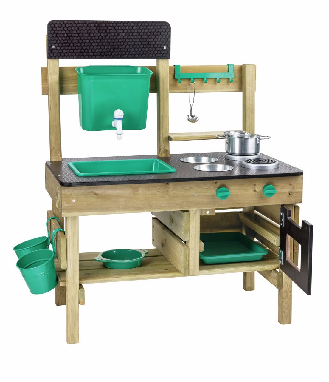 Wooden children's mud kitchen featuring a green plastic sink, stovetop, and storage accessories