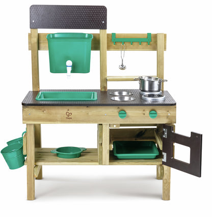 Outdoor wooden mud kitchen playset with a green sink, tap, stove burners, and included toy pots
