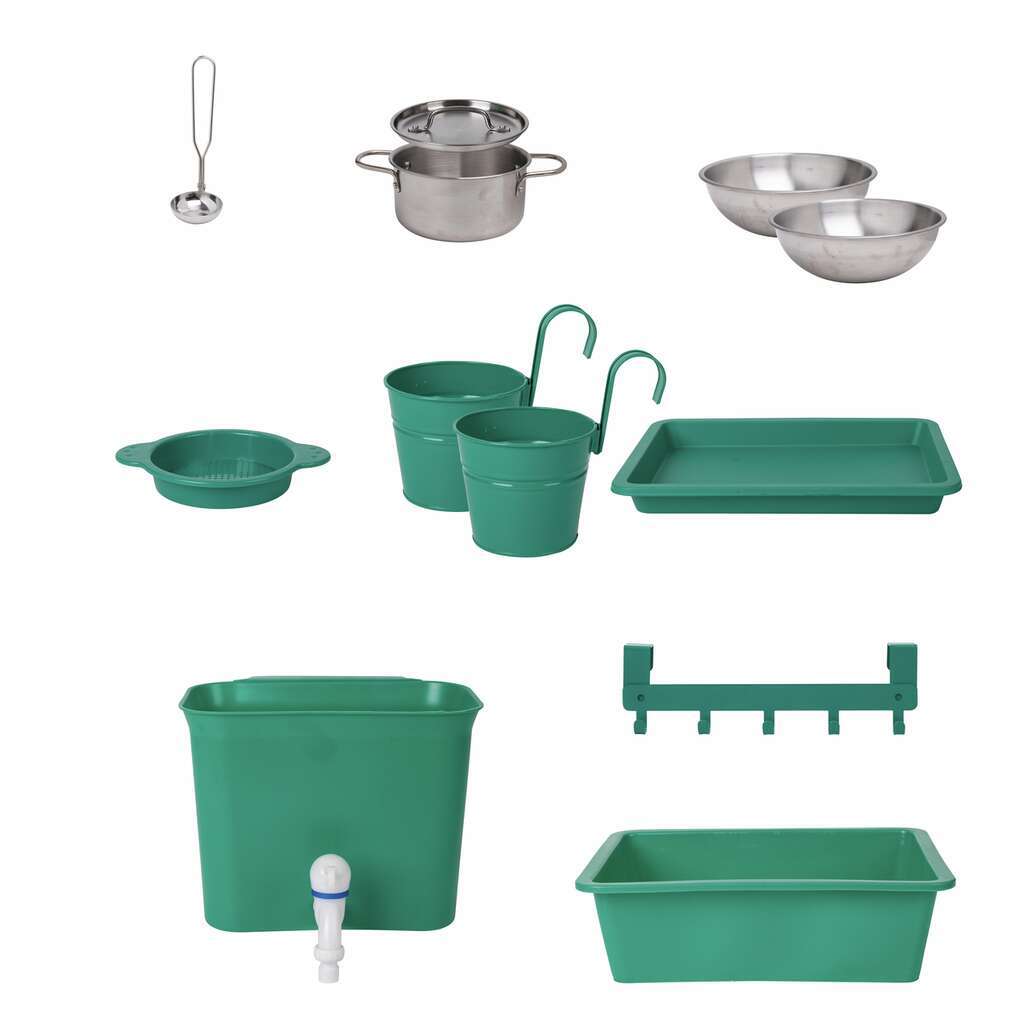 Children's play set featuring green plastic gardening planters and miniature metal pots, ladles, and bowls