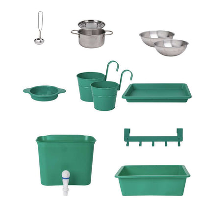 Children's play set featuring green plastic gardening planters and miniature metal pots, ladles, and bowls