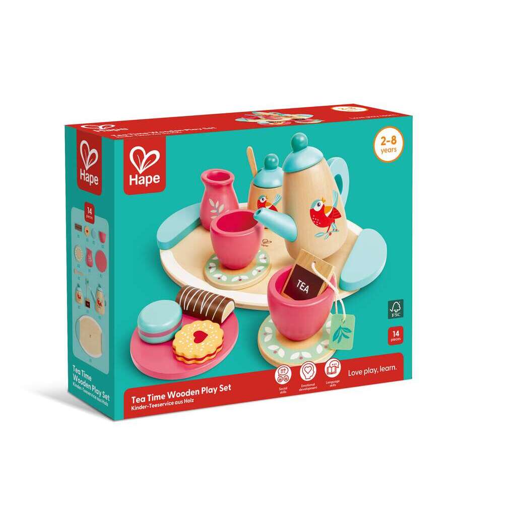 Hape Tea Time Wooden Play Set box showing the teapot, cups, tray, and play cookies