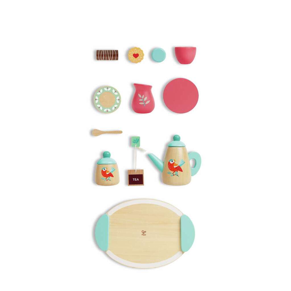 Colorful wooden toy tea set featuring teapot, cups, serving tray, and cookies