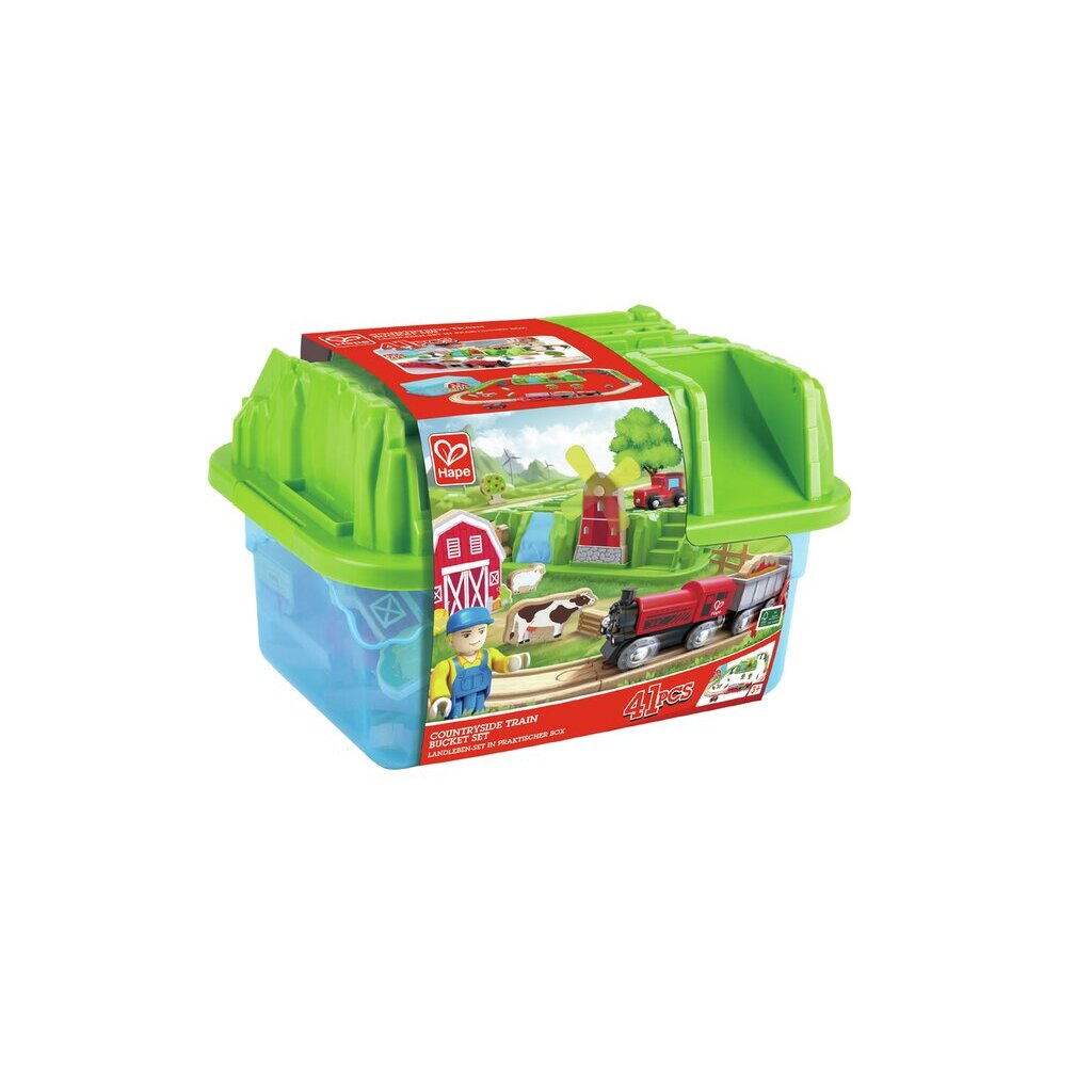 Hape 41-piece Countryside Train Bucket Set. Red train, tracks, farmer, and farm figures packaged in green storage bin