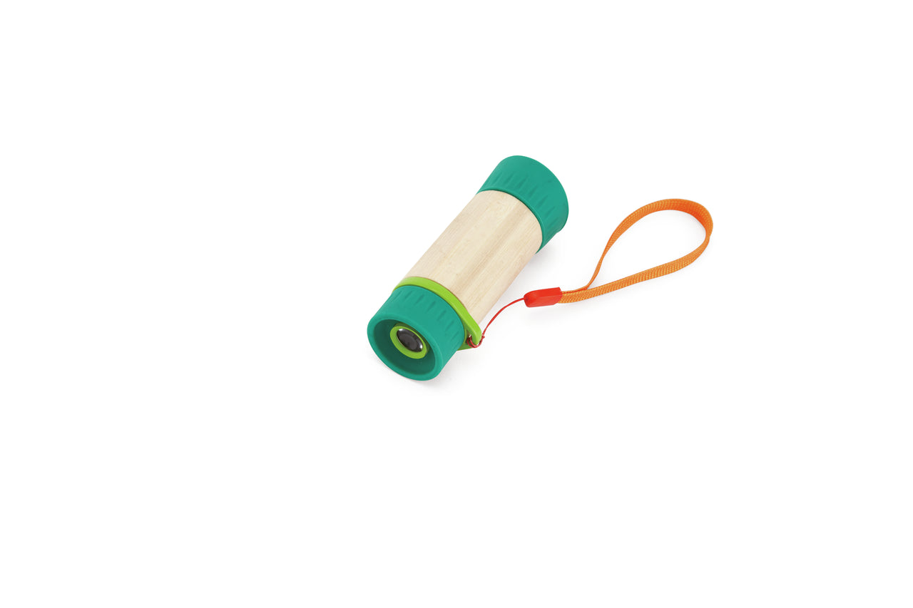 Small wooden viewing scope or telescope toy with green ends and an orange strap