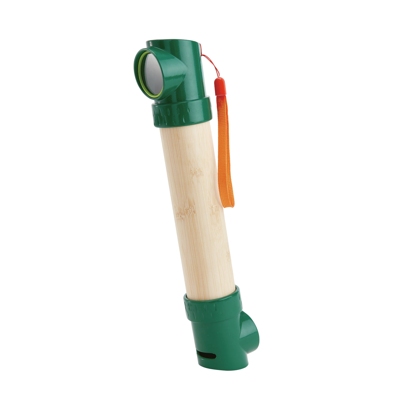 Bamboo and green plastic periscope toy with an angled viewing mirror and orange strap