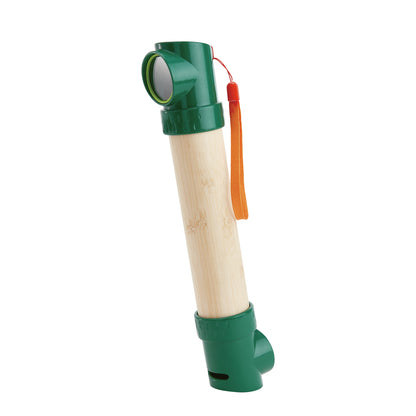 Bamboo and green plastic periscope toy with an angled viewing mirror and orange strap