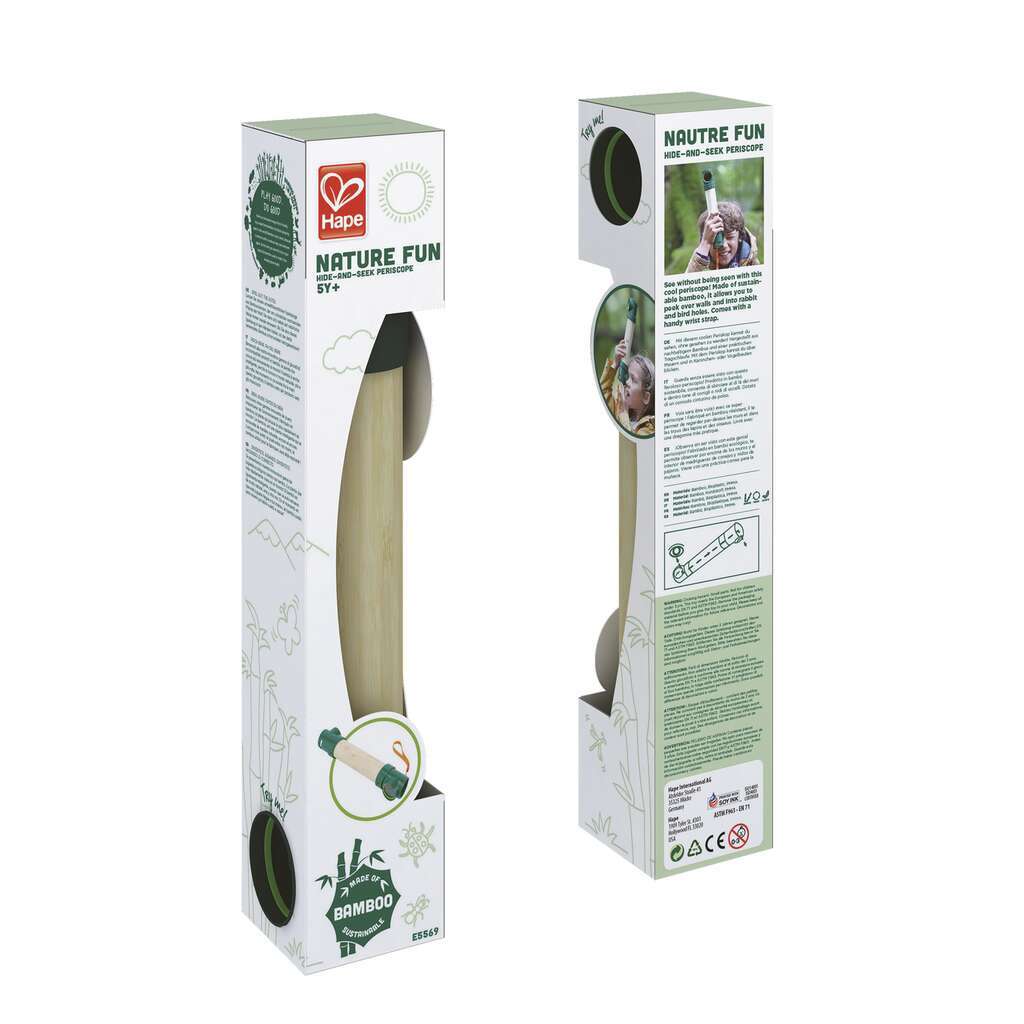Retail packaging for the Hape Nature Fun bamboo periscope toy, designed for hide-and-seek and outdoor play