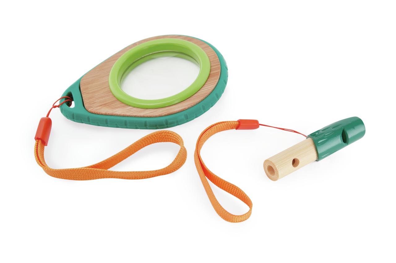 Children's wood and green magnifying glass and whistle set with orange lanyards