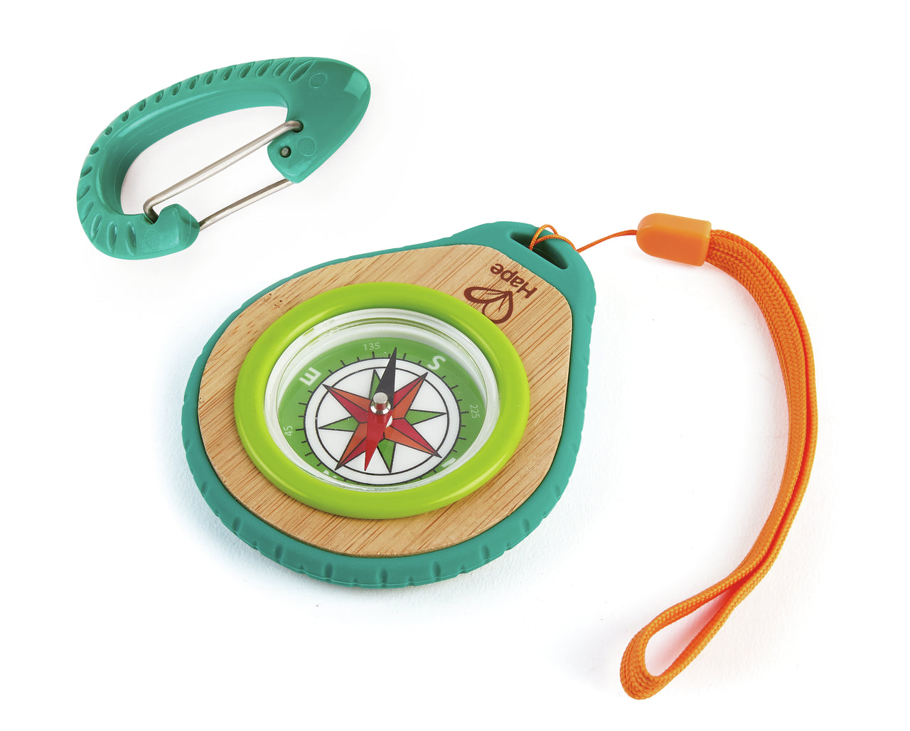 Teal and wood toy compass with an orange wrist strap, next to a matching teal carabiner clip