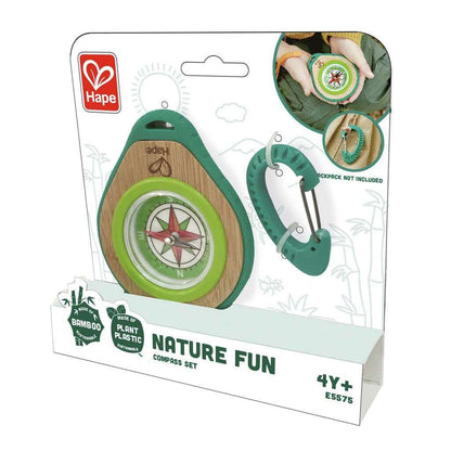 Hape Nature Fun Compass Set in packaging, showing the wooden compass and attached green carabiner clip
