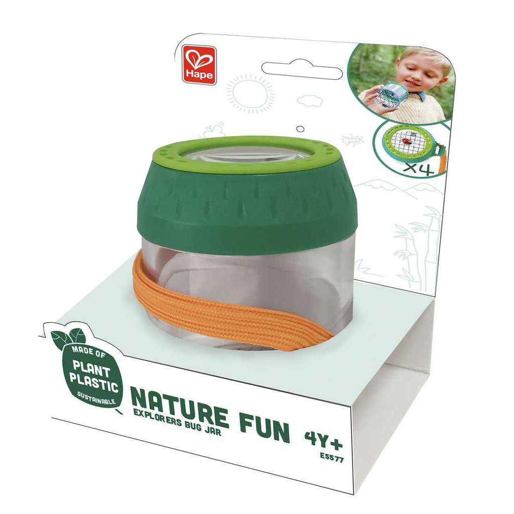 Hape Nature Fun Explorers Bug Jar, made from plant plastic, featuring a green lid and orange strap on its box