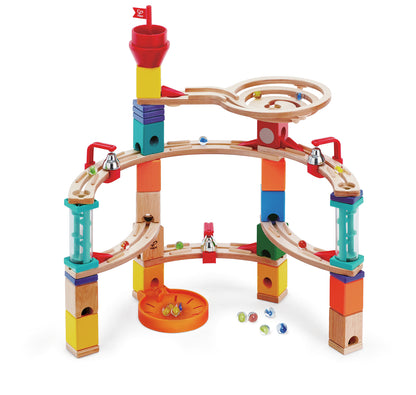Colorful wooden marble run toy with tracks, bells, and rolling marbles