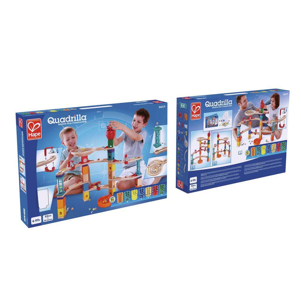 Hape Quadrilla Marble Run Construction Set packaging, featuring children playing with the colorful wooden toy