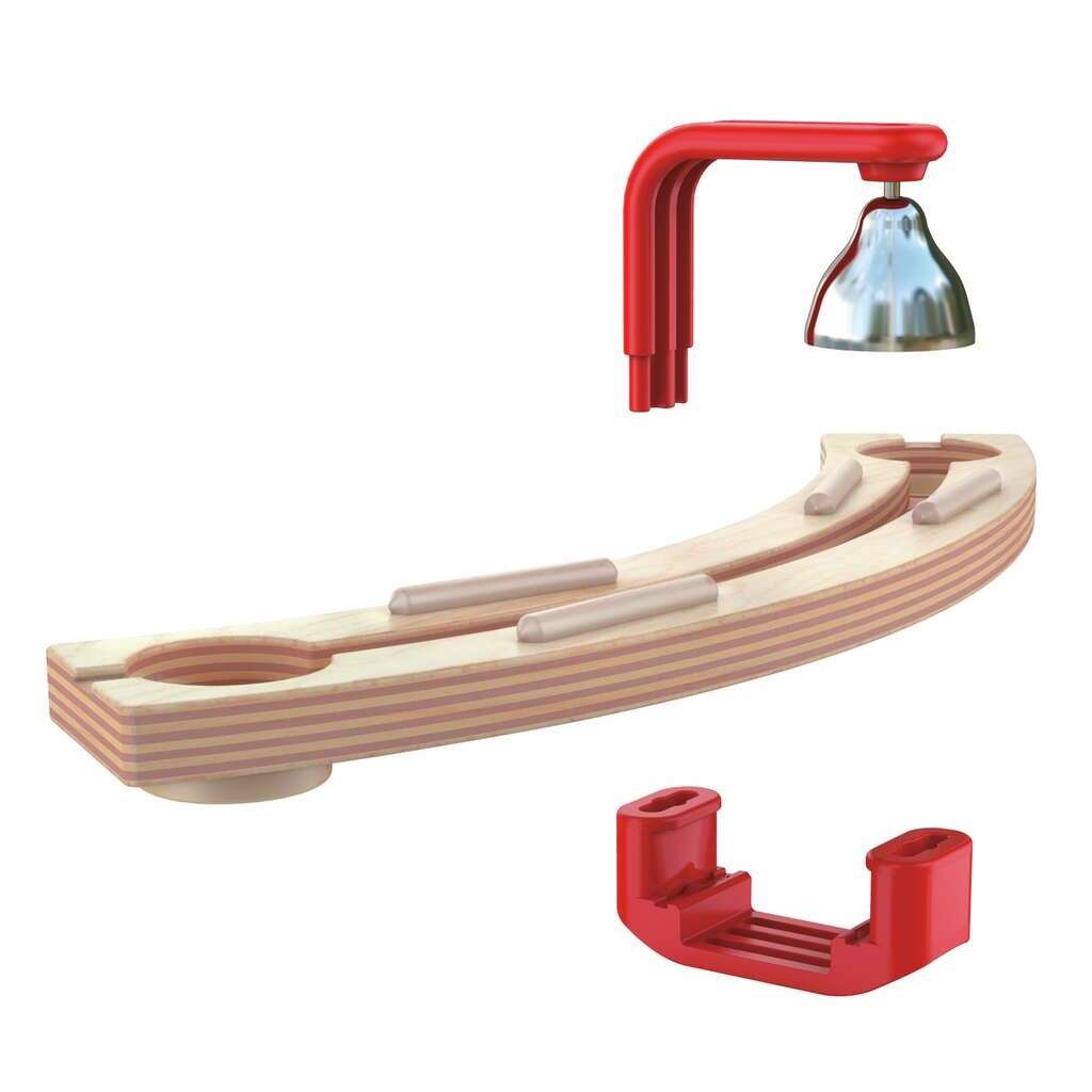 Curved wooden dexterity track toy with red attachment arm and silver bell, disassembled components