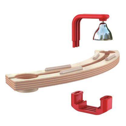 Curved wooden dexterity track toy with red attachment arm and silver bell, disassembled components