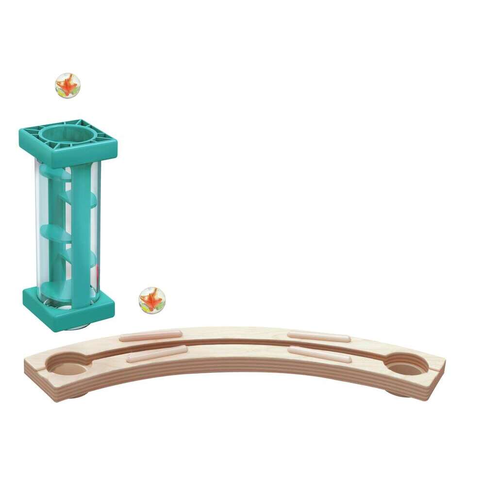 Teal spiral marble run tower, curved wooden track, and two decorative marbles