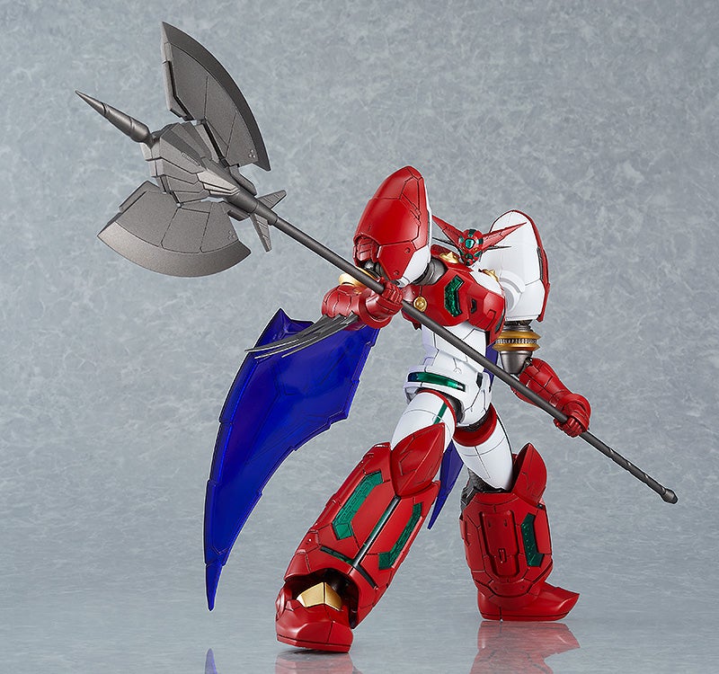 Red and white mecha figure stands dynamically, wielding a large gray axe and a blue shield