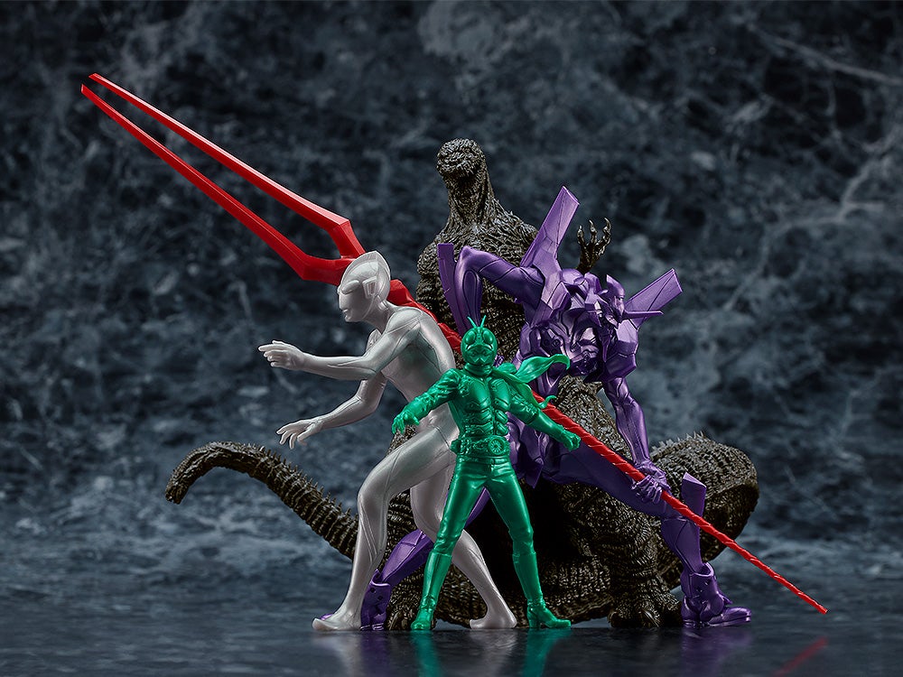 A group of figures including Godzilla Evangelion Unit-01 Ultraman and Kamen Rider posed together on color background