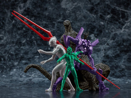 A group of figures including Godzilla Evangelion Unit-01 Ultraman and Kamen Rider posed together on color background