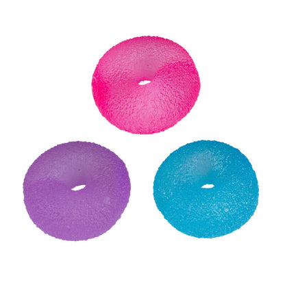 Three textured, donut-shaped fidget rings in pink, purple, and blue