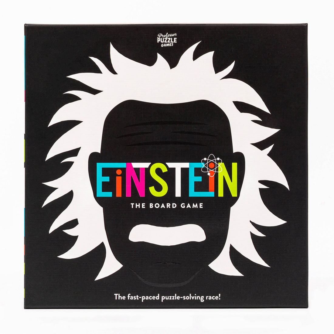 Einstein: The Board Game box, Black background, white Einstein silhouette, colorful title text overlaying the face