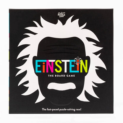 Einstein: The Board Game box, Black background, white Einstein silhouette, colorful title text overlaying the face
