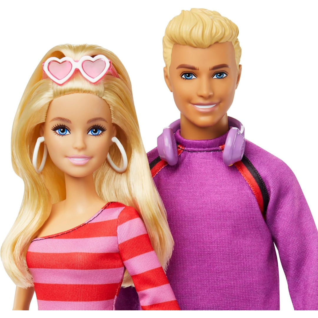 Barbie has heart sunglasses -  a striped top; Ken wears headphones -  purple sweatshirt