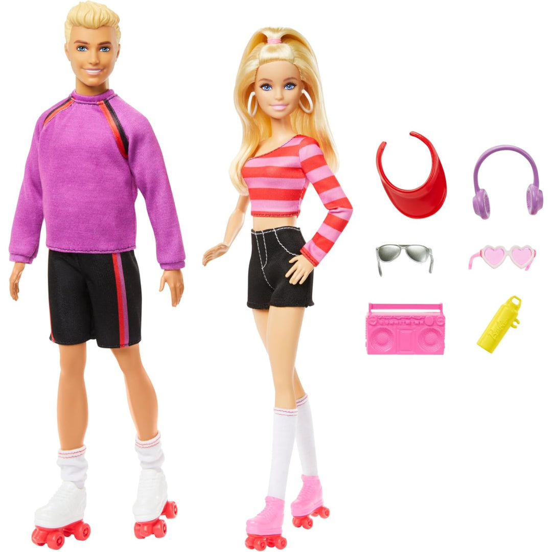 Barbie and Ken dolls ready for roller skating -  wearing vibrant outfits and skates