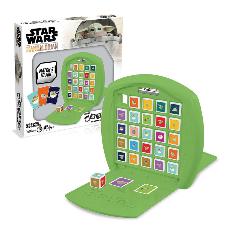 Green Star Wars Mandalorian "Match 5" Grogu matching game board, with small cards & dice, next to its box