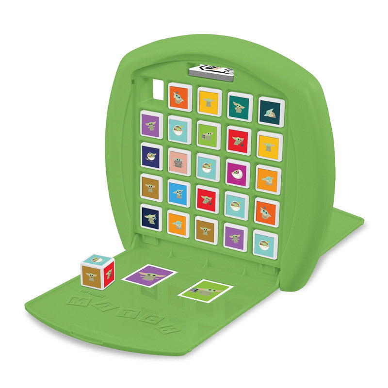 A green Grogu-themed board game with a grid of characters, two cards, and a dice for matching