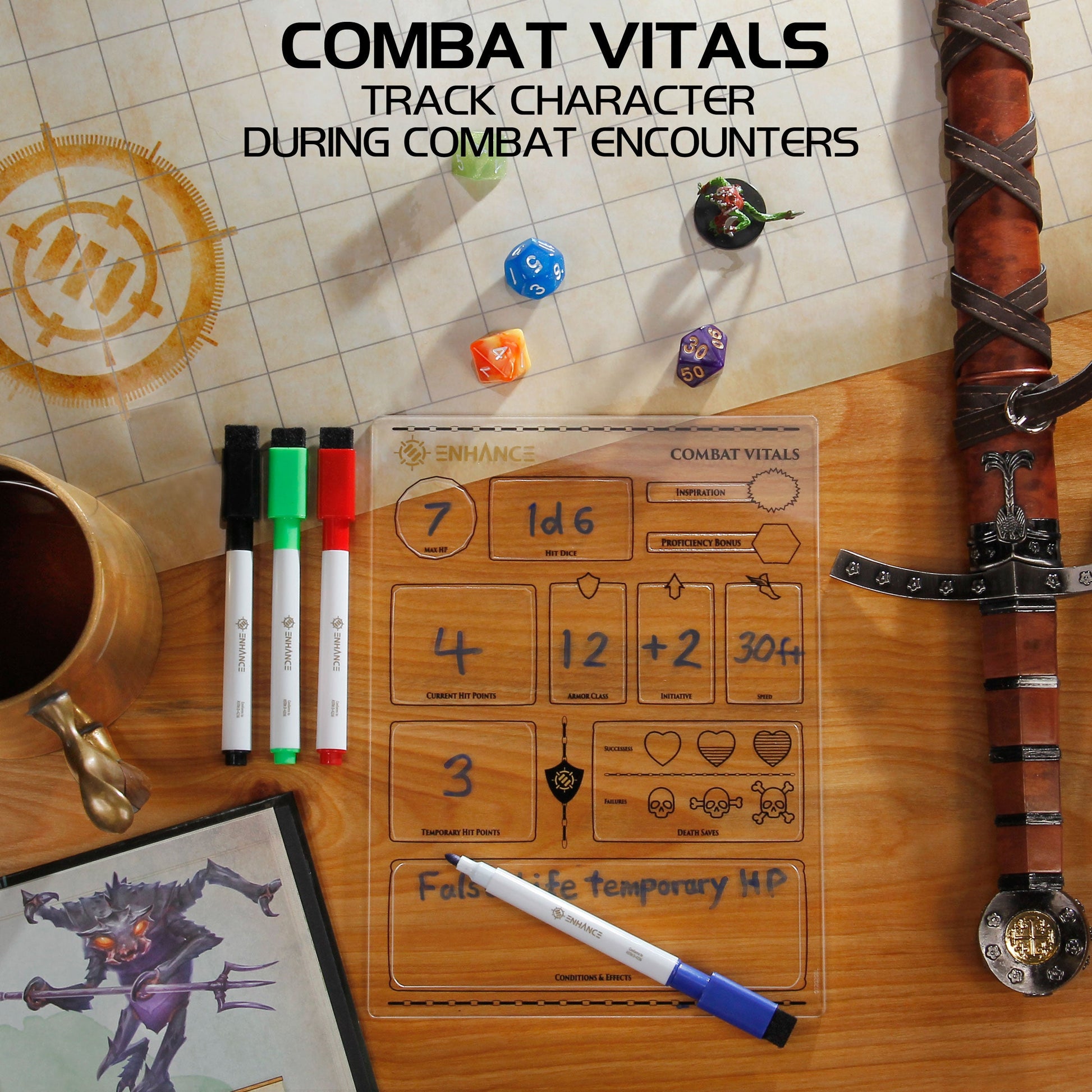 Clear 'Combat Vitals' dry-erase board with RPG character stats, dice, markers, a sword, and map for tabletop gaming