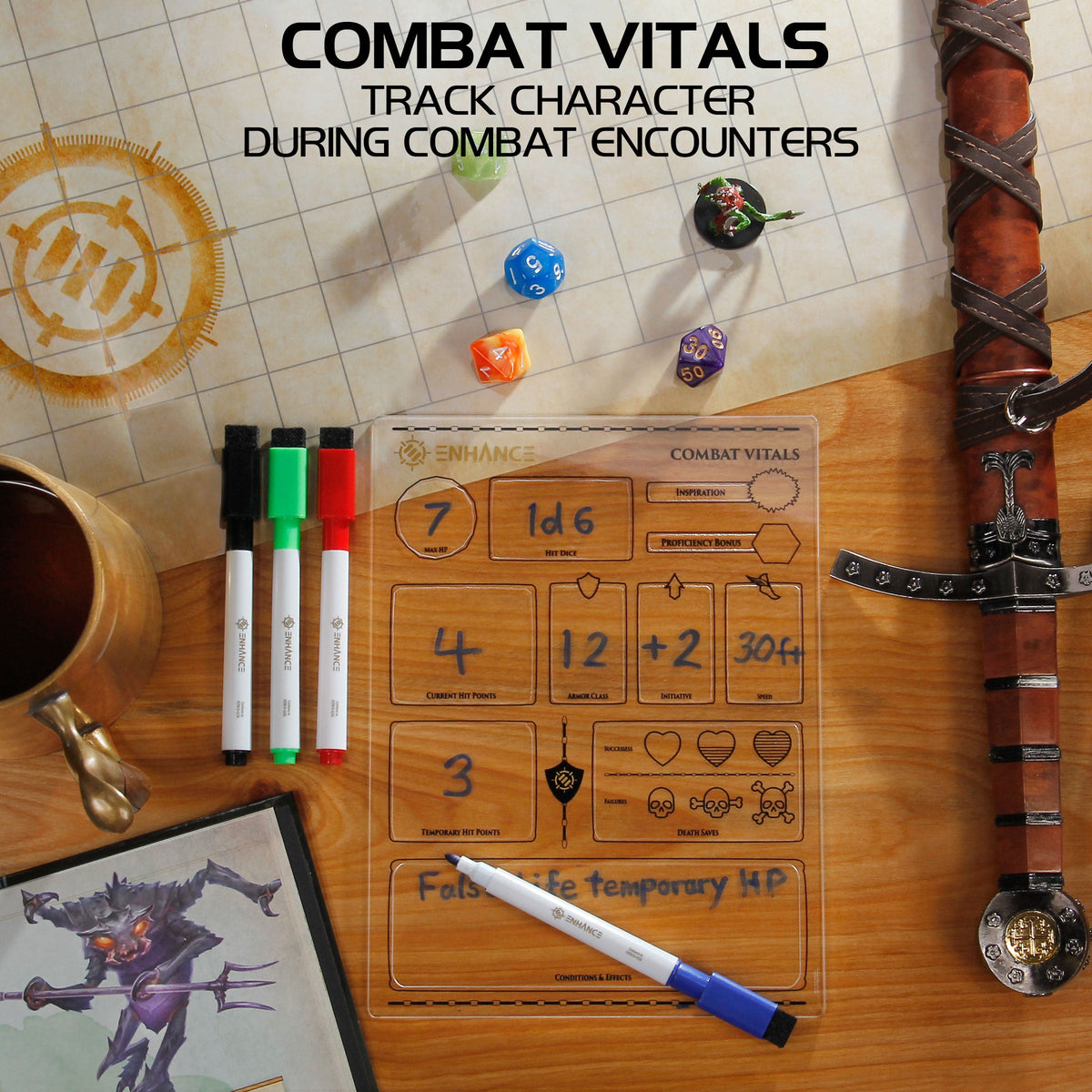 Clear &#39;Combat Vitals&#39; dry-erase board with RPG character stats, dice, markers, a sword, and map for tabletop gaming