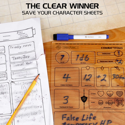 A worn paper RPG character sheet with a pencil rests next to a clean acrylic one with marker, demonstrating a reusable alternative