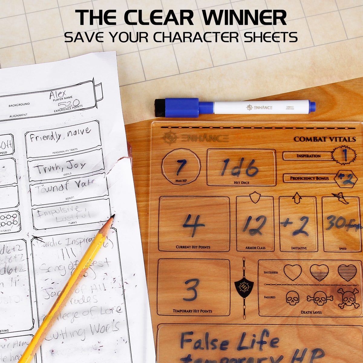 A worn paper RPG character sheet with a pencil rests next to a clean acrylic one with marker, demonstrating a reusable alternative