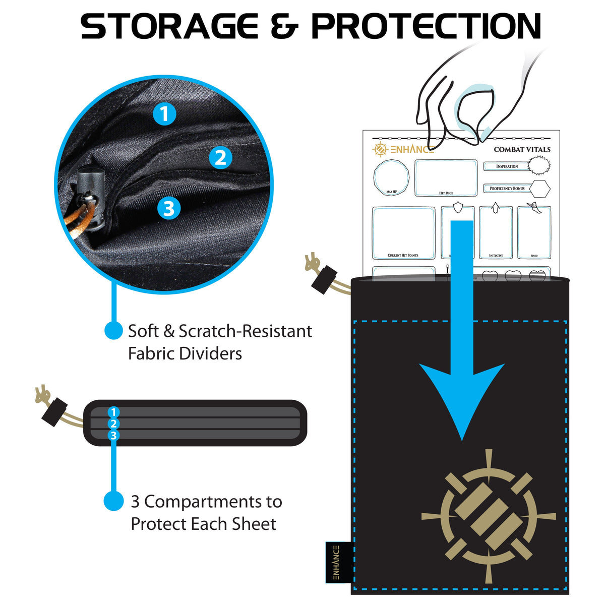 A hand inserts a character sheet into a black storage pouch with 3 soft, scratch-resistant fabric dividers for protection