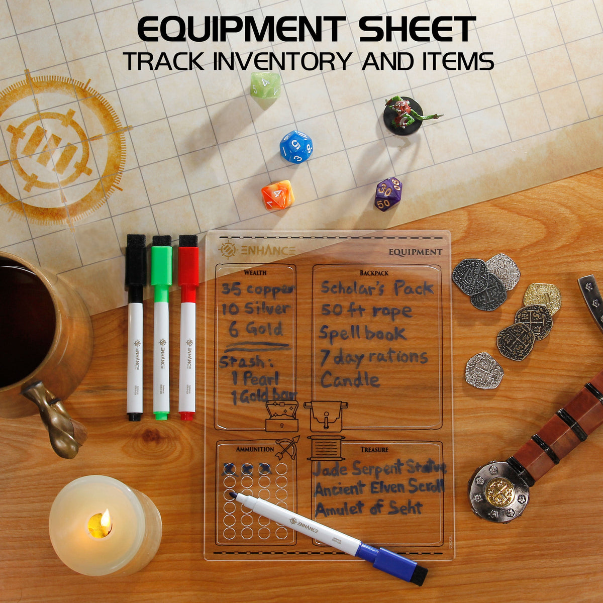 An RPG equipment sheet showing inventory, surrounded by dice, markers, game coins, and a miniature on a grid map