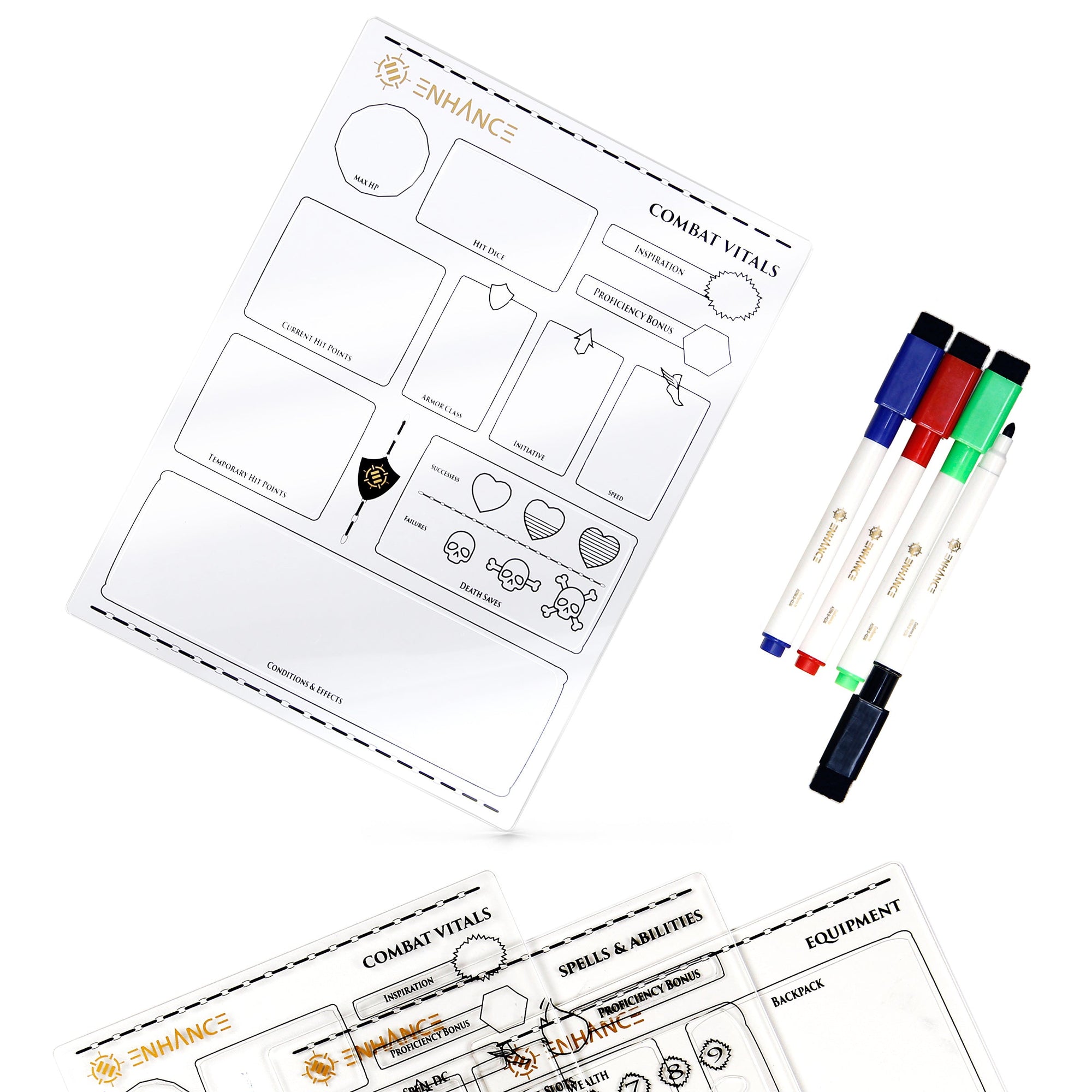 Two clear dry-erase RPG boards, one showing "Combat Vitals," with four colorful dry-erase markers