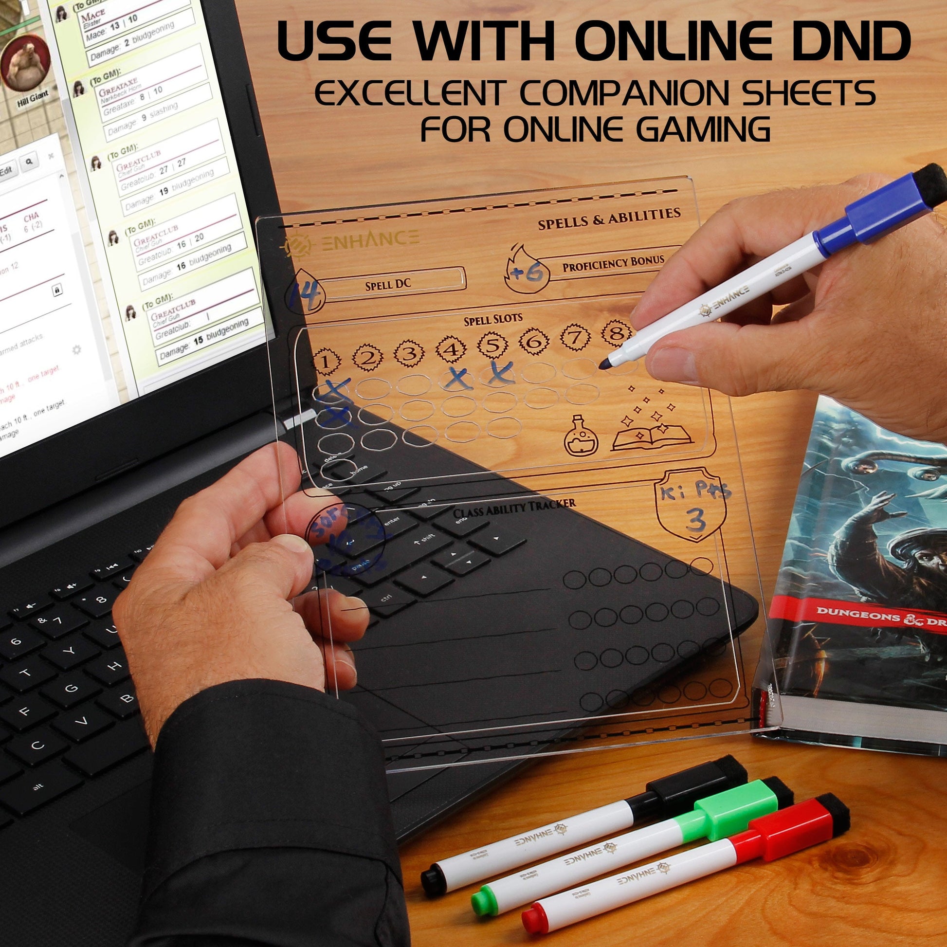 A hand marks spell slots on a transparent D&D companion sheet over a laptop displaying online D&D