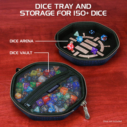 Hexagonal dice case: an open rolling tray with a few dice, and a lower zippered mesh compartment full of dice