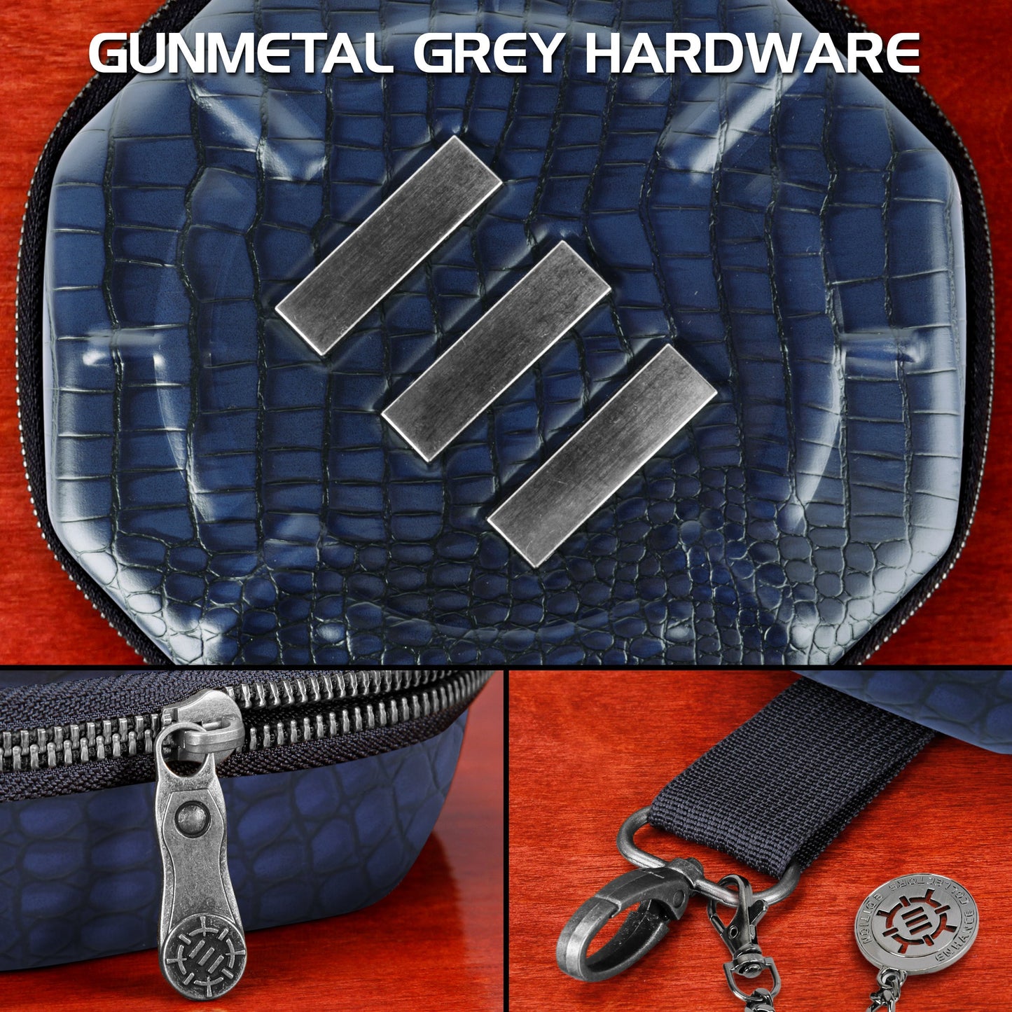 Blue crocodile-textured case with gunmetal grey hardware: decorative plates, zipper pull, and a clasp with charm