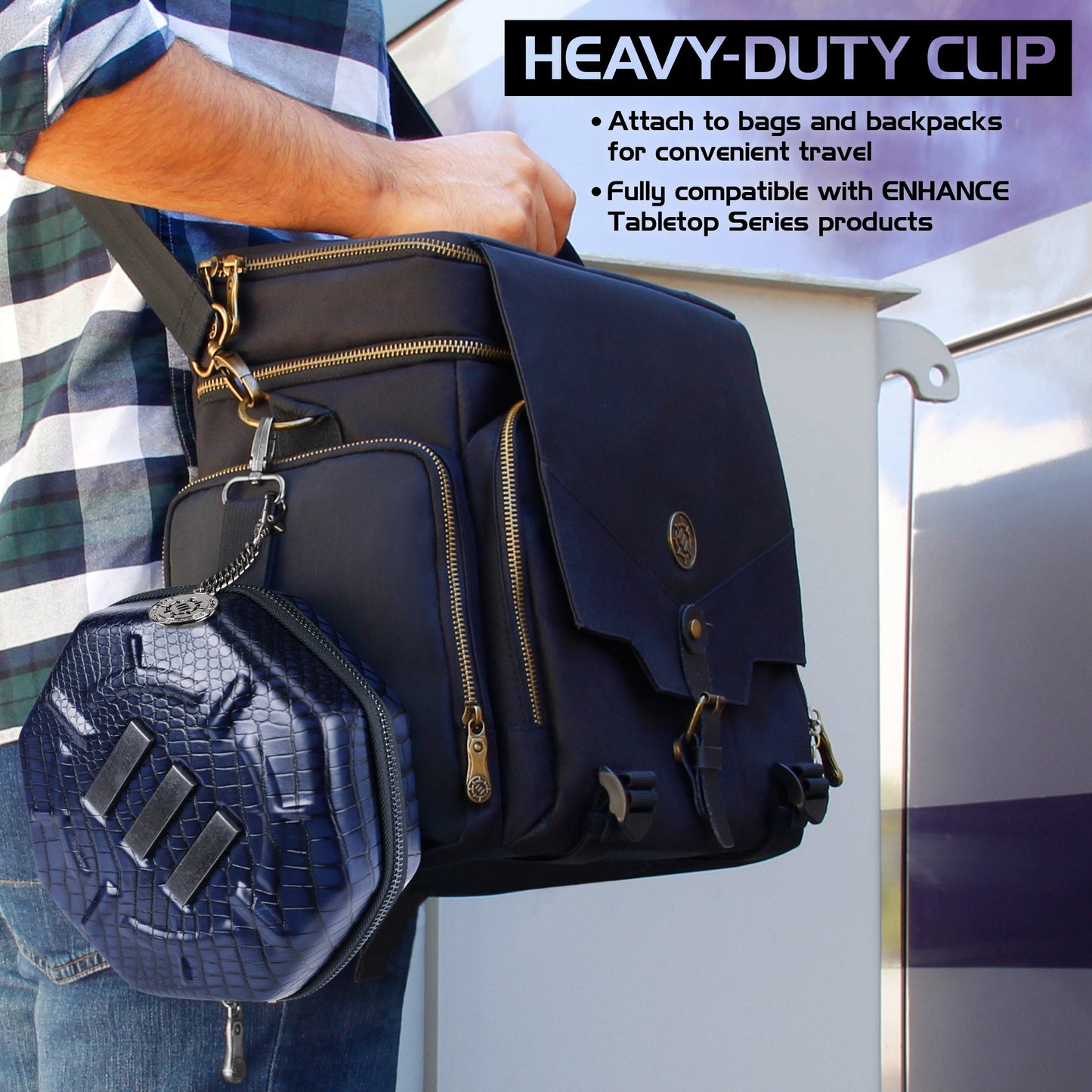 Person carries a dark blue bag with a smaller, textured hexagonal case attached via a heavy-duty clip