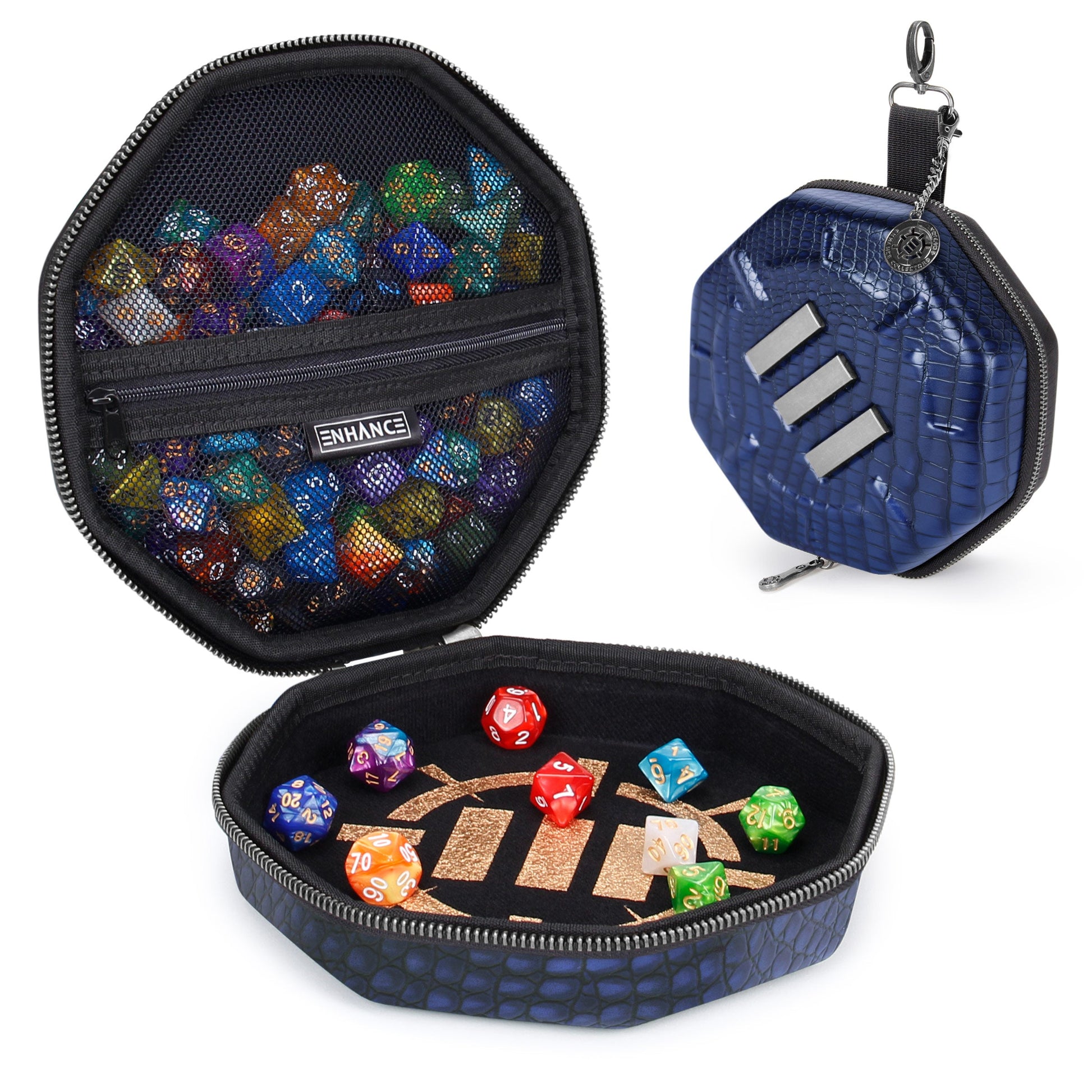Blue reptilian hexagonal dice case filled with colorful polyhedral dice, shown open for storage and as a rolling tray