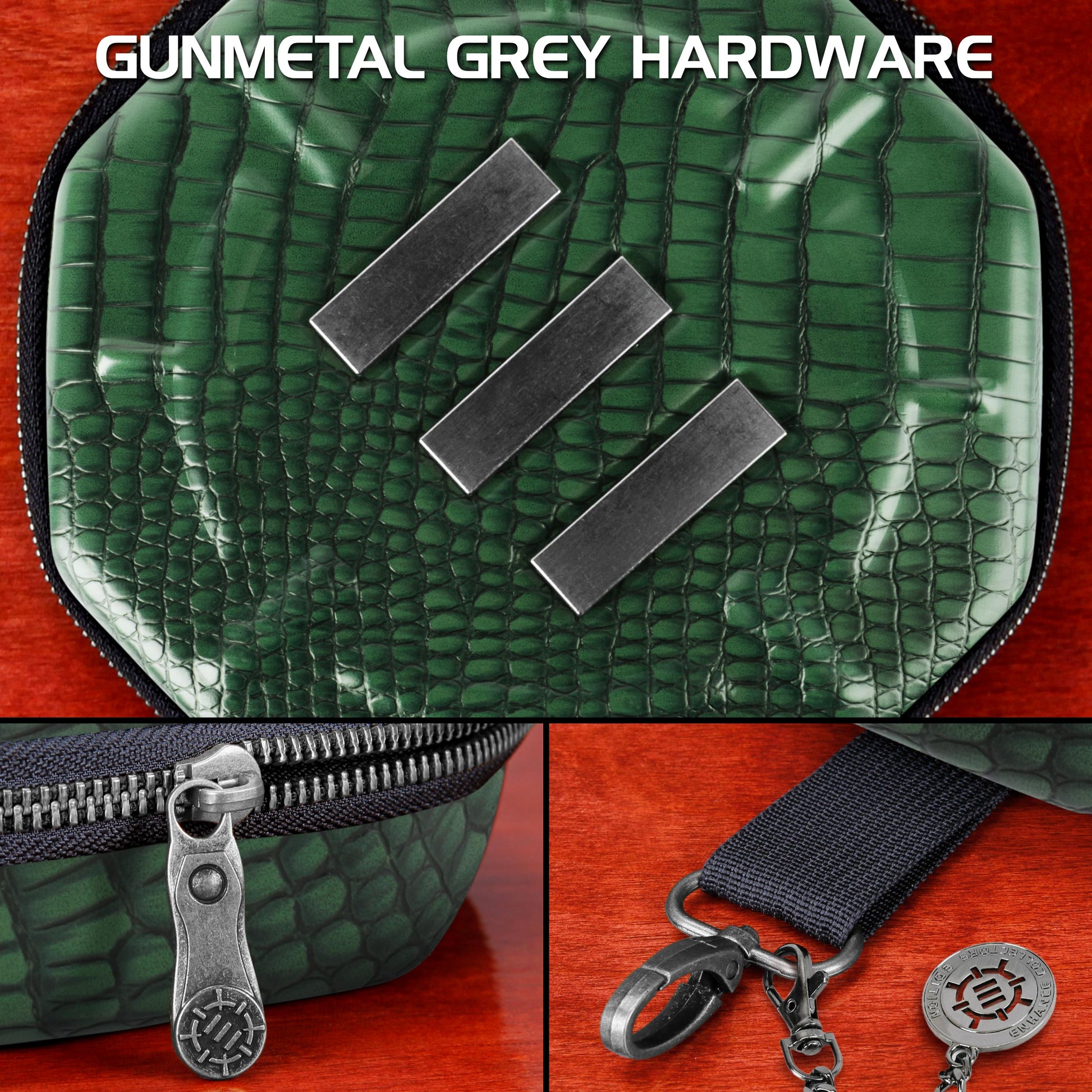 Shows metal bars, zipper pull with logo, and a clasp with branded tag