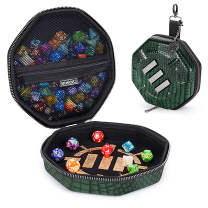 Green crocodile-textured hexagonal dice case - One view shows it open with colorful polyhedral dice; another shows it closed