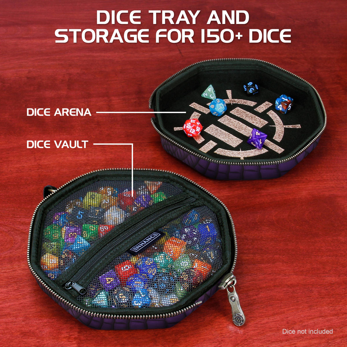 Open &#39;Dice Arena&#39; tray with a few polyhedral dice