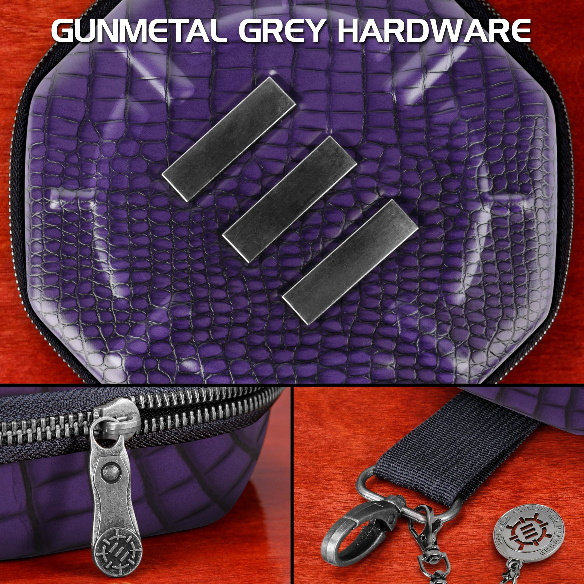 Purple crocodile-textured item displaying gunmetal grey hardware: three bars, zipper pull, clip, and logo charm