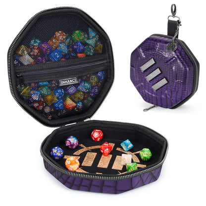 Purple octagonal dice case shown open with colorful polyhedral dice, closed, and functioning as a dice rolling tray