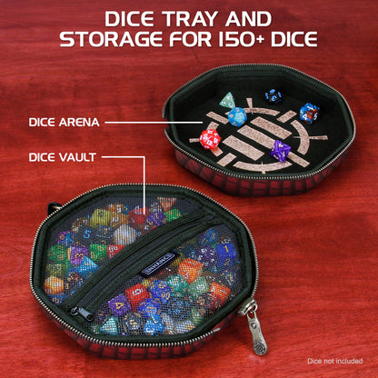 Black hexagonal dice tray and storage case for over 150 dice, showing a rolling area and a mesh storage vault filled with colorful dice